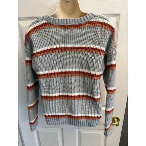 Hippie Rose grey white burnt orange striped sweater shoulder buttons boho xs - Picture 2 of 7